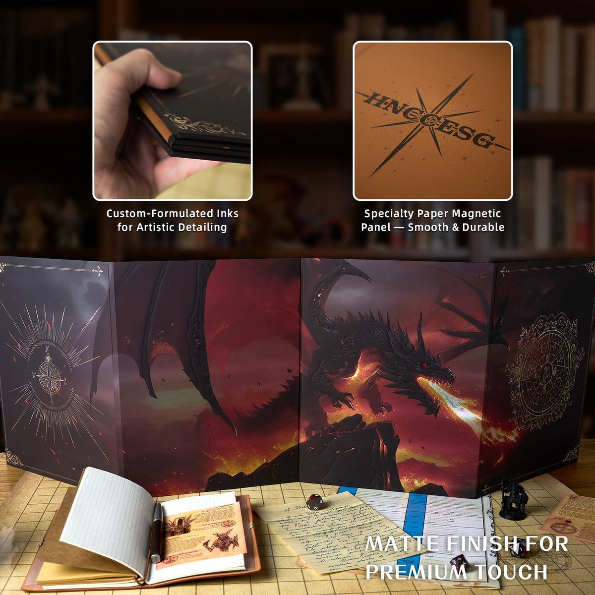 Full view of a foldable four-panel dragon-themed Dungeon Master screen with continuous fantasy artwork.