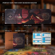 Four-panel magnetic DM screen with dimensions, gift box, A3 reference sheet, and six magnetic pins.
