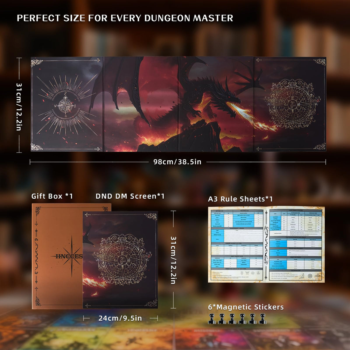 Four-panel magnetic DM screen with dimensions, gift box, A3 reference sheet, and six magnetic pins.