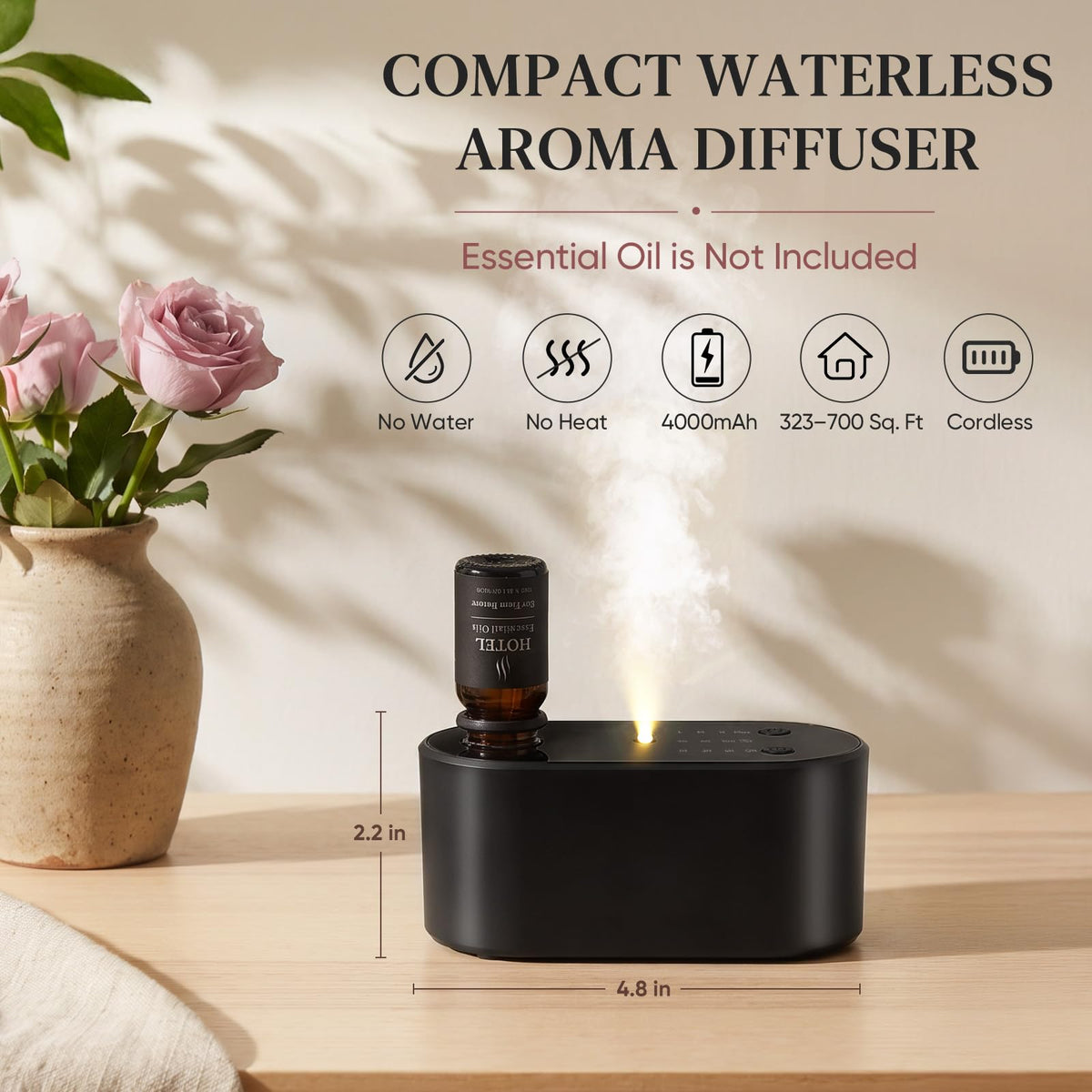 Compact cordless waterless aromatherapy diffuser