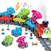 Dinosaur electric train set with colorful dinosaur cars, steam effect, music and lights