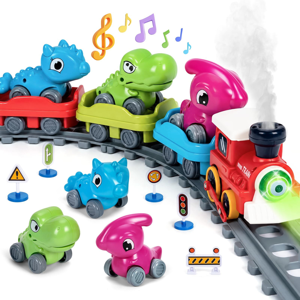 Dinosaur electric train set with colorful dinosaur cars, steam effect, music and lights