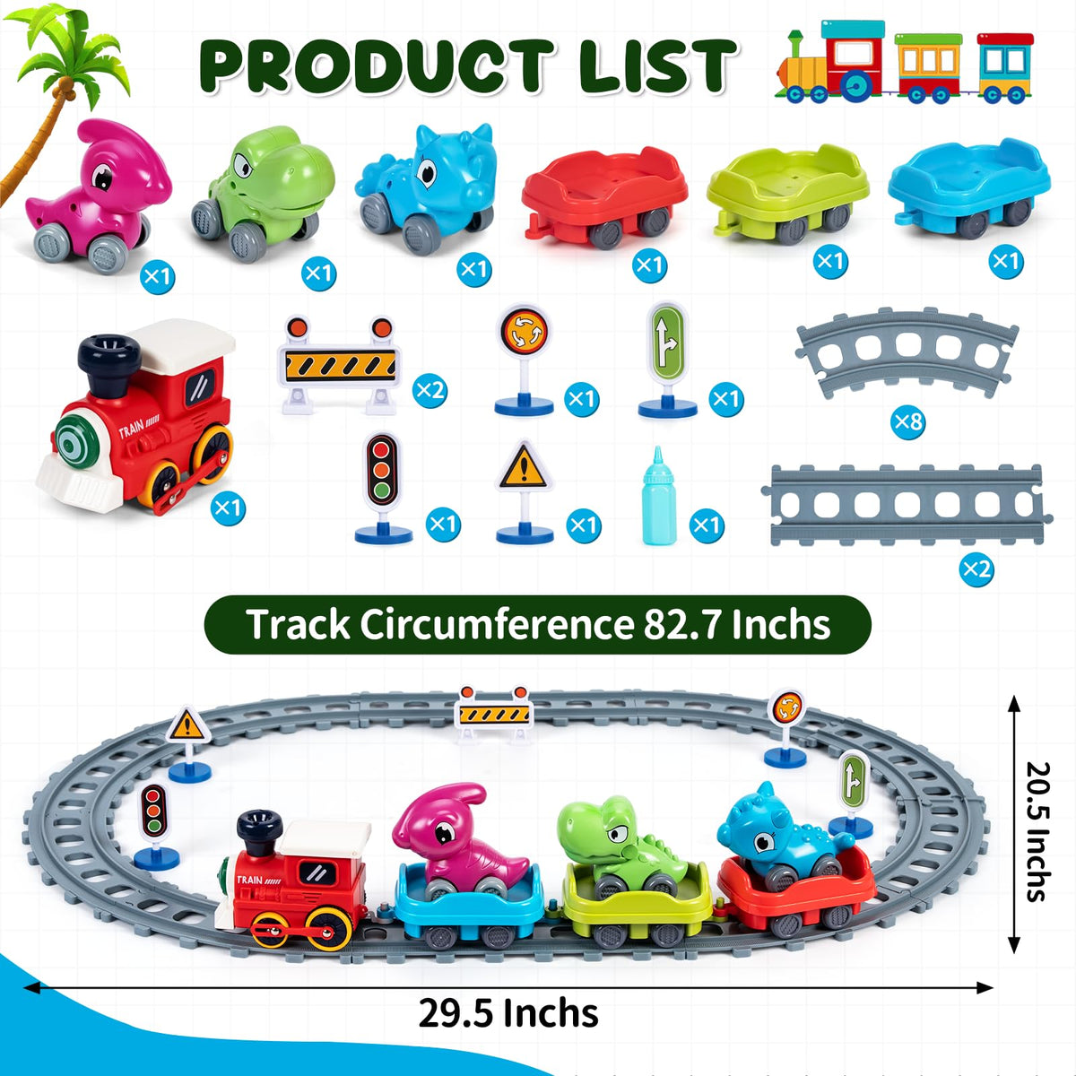 Complete dinosaur train set with locomotive, dinosaur cars, trailers and railway accessories
