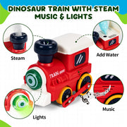Red dinosaur train locomotive featuring steam spray, music and lights