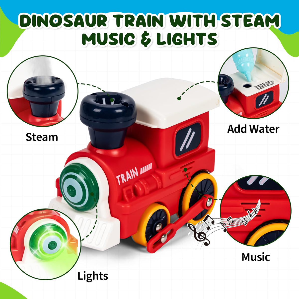 Red dinosaur train locomotive featuring steam spray, music and lights