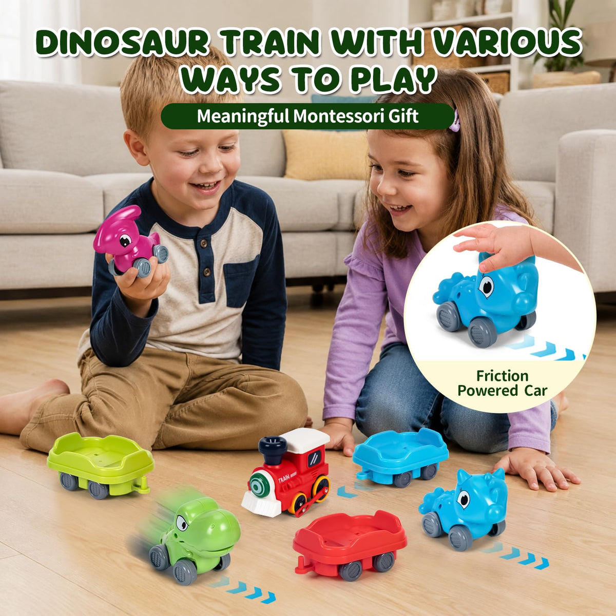 Dinosaur electric train set with multiple ways to play and creative track layouts