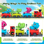Dinosaur train set presented as a colorful holiday gift for young children