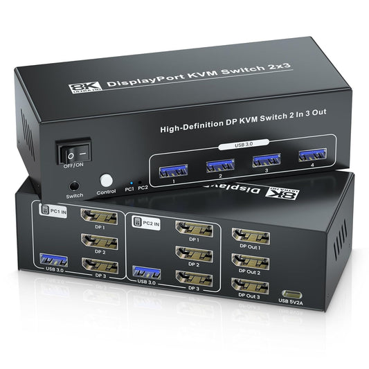 Front view of DisplayPort KVM switch showing USB 3.0 ports, switch button, and status indicators.