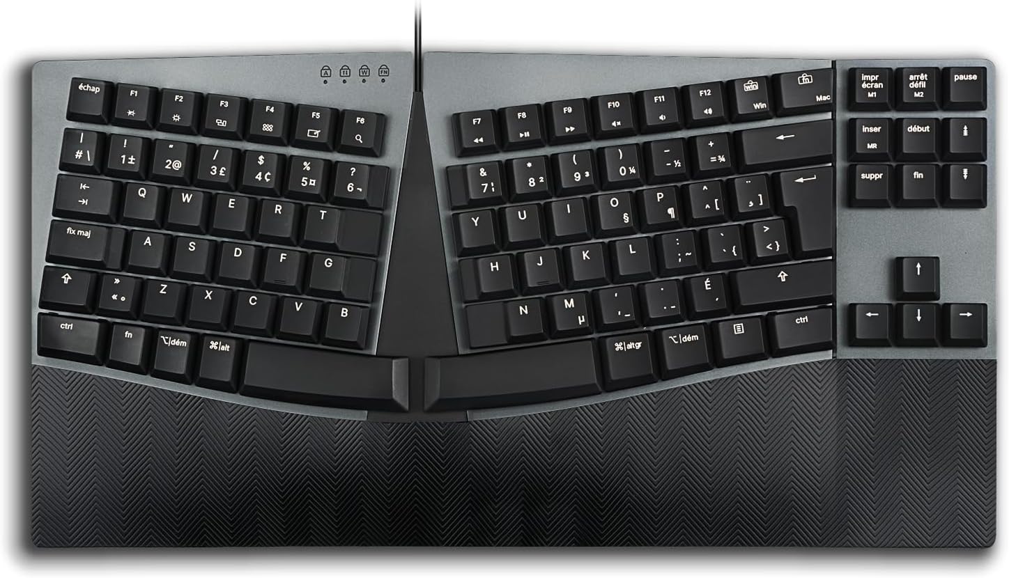 Top view of a split ergonomic keyboard with a French QWERTY layout.