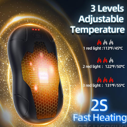 Close-up of FANDLISS hand warmer with 3 adjustable heat levels ranging from 113°F to 131°F, with quick heat-up in 2 seconds.