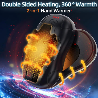 FANDLISS hand warmer showing double-sided heating effect with glowing heat pattern and 360° warmth.