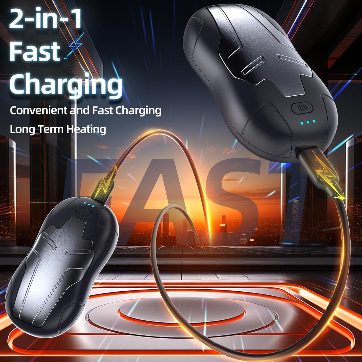 FANDLISS hand warmer with fast charging capability and long-term heating in futuristic design setting.