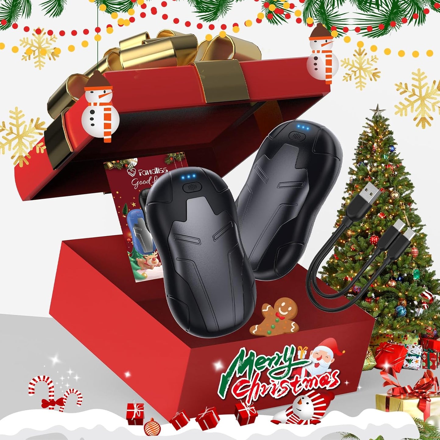 Festive holiday gift set of FANDLISS hand warmers with USB cable and holiday-themed packaging.