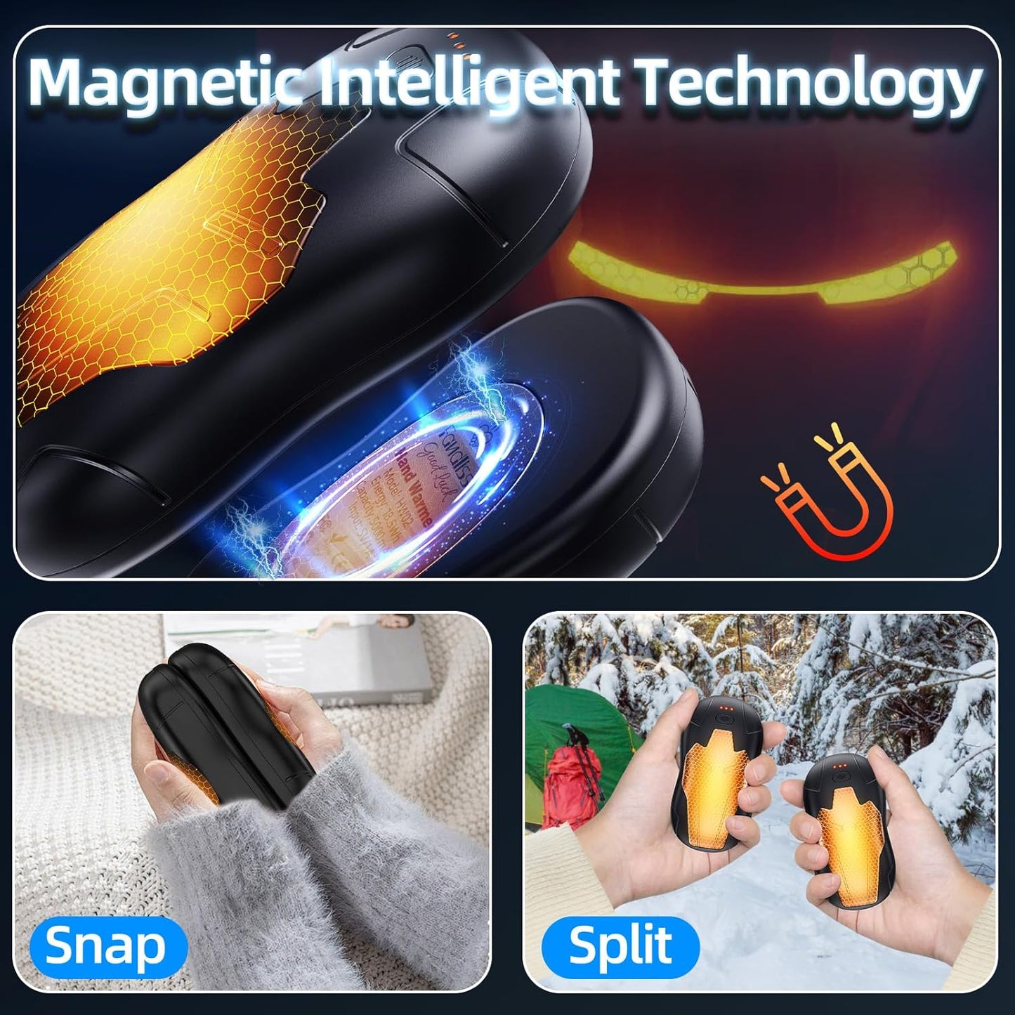 Magnetic split design of FANDLISS hand warmer, showing two units that snap together or work separately.