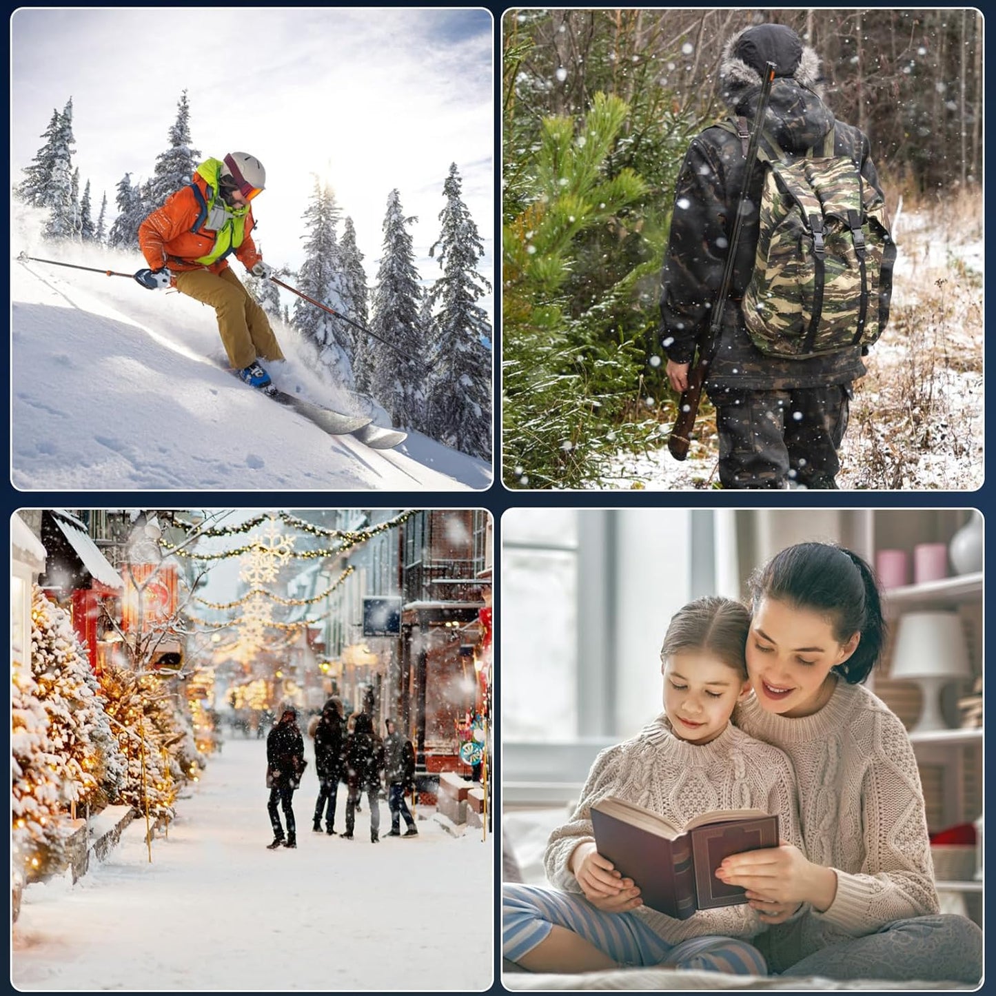 FANDLISS hand warmer in winter activities collage, including skiing, hiking, shopping, and family indoors.