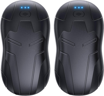 Front view of FANDLISS rechargeable hand warmers with sleek black design and LED indicators.