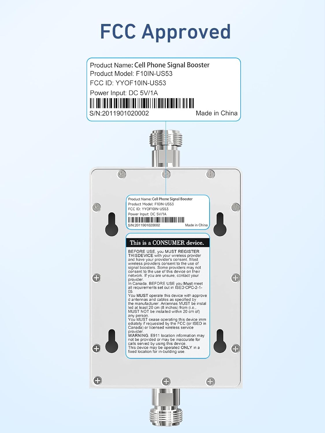 Back of INVCALL signal booster showing FCC certification for safe use in the U.S.