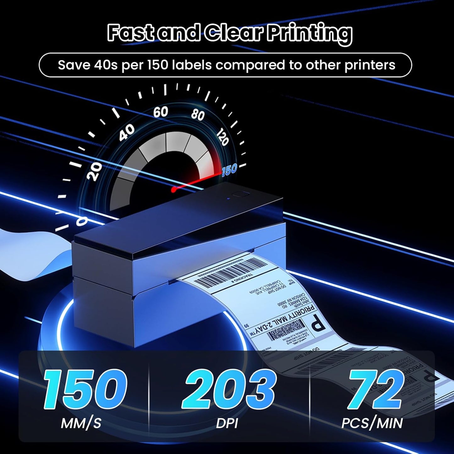 Highlight of Bluetooth label printer speed at 72 labels per minute with 203 DPI resolution.