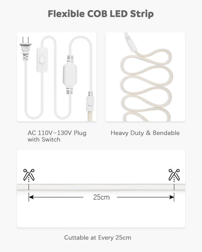 Flexible COB LED strip light showing AC plug, on/off switch, and cuttable points every 25 cm for custom installations.