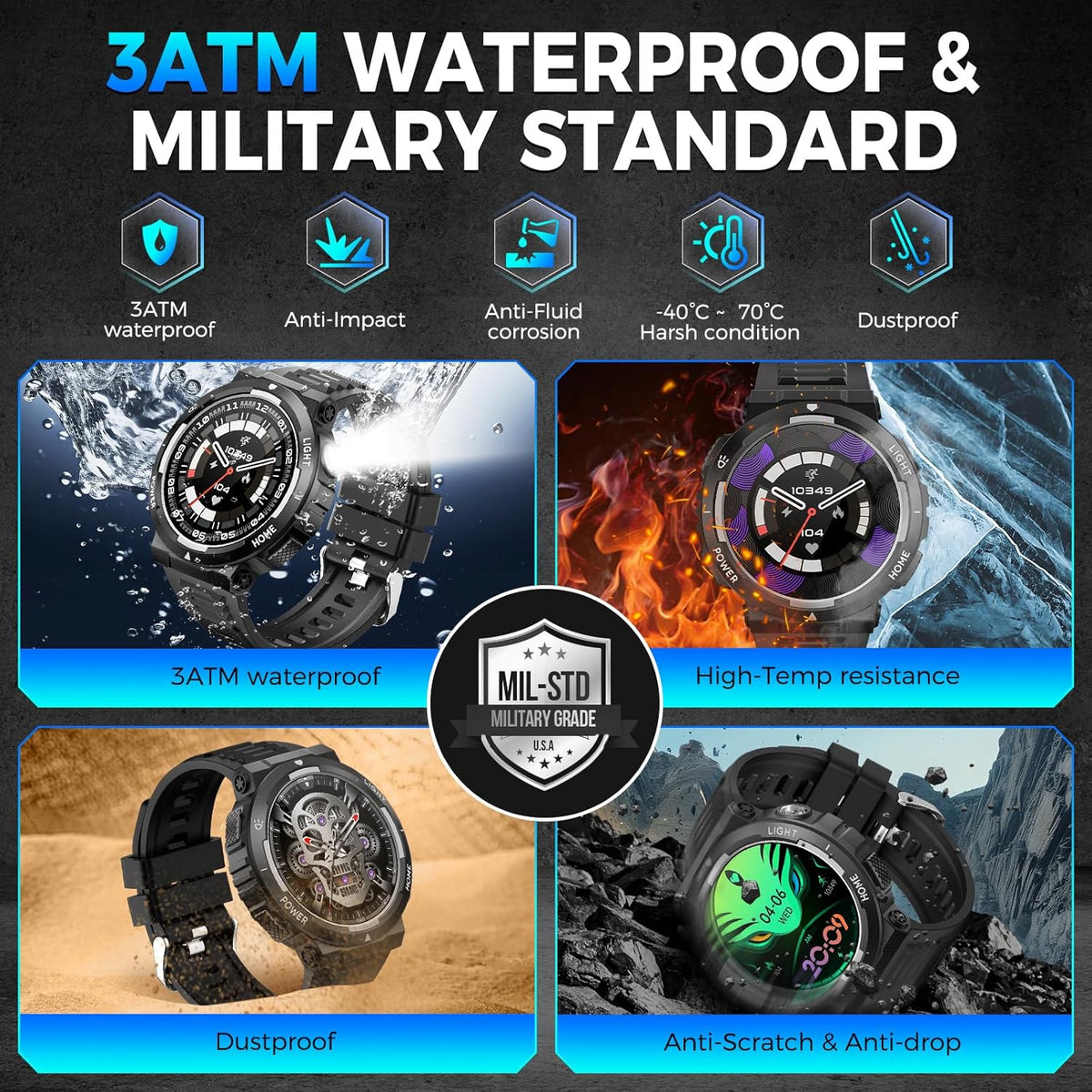Rugged Military Smartwatch with 100+ Sport Modes