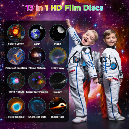 Two children in astronaut costumes looking excited next to a display of space projections including planets and nebulae.