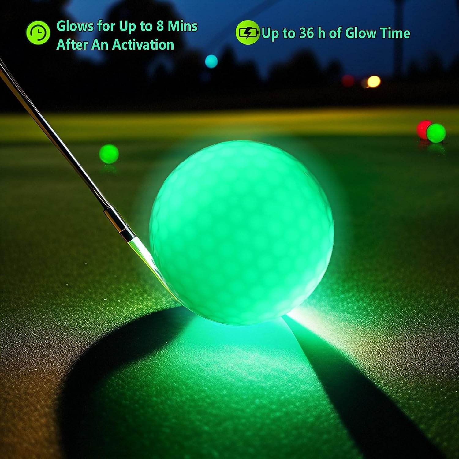 Close-up of a glowing green LED golf ball lit up on the course after activation.