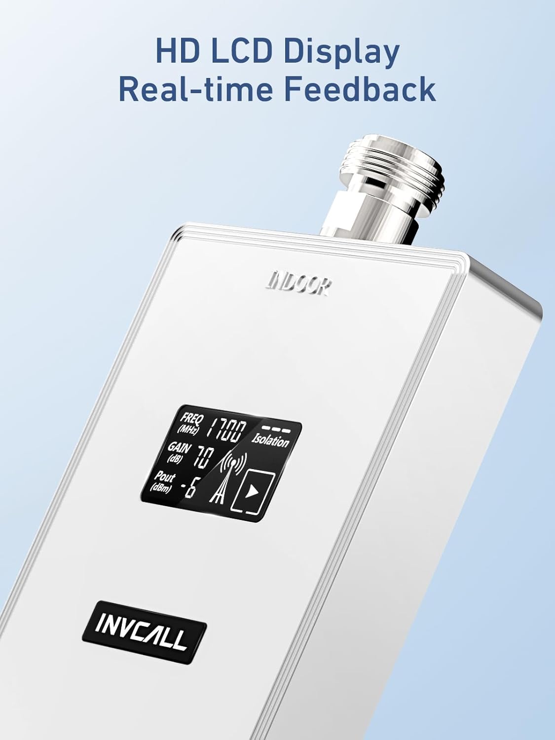 INVCALL signal booster with HD LCD display providing real-time feedback on signal strength.