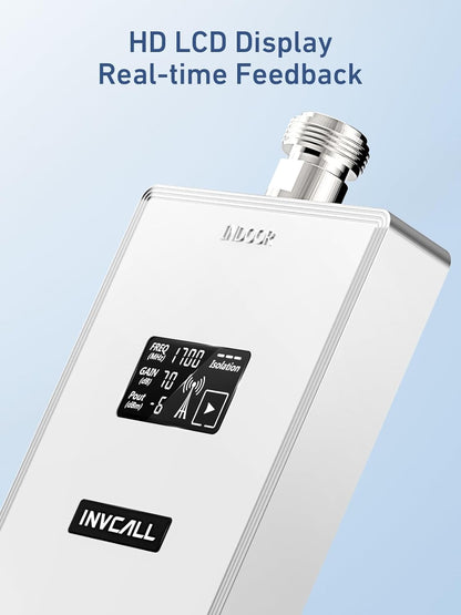 INVCALL signal booster with HD LCD display providing real-time feedback on signal strength.