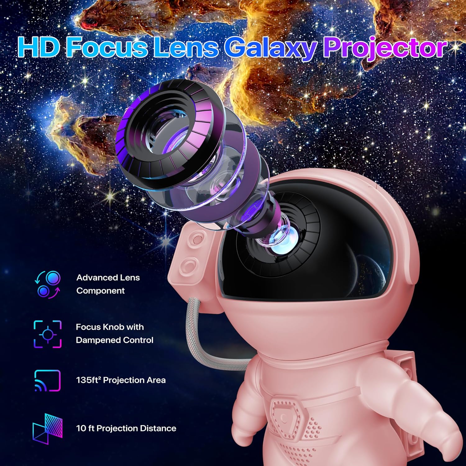 Close-up of the HD lens on the astronaut galaxy projector showcasing focus control and detailed projection area specs.