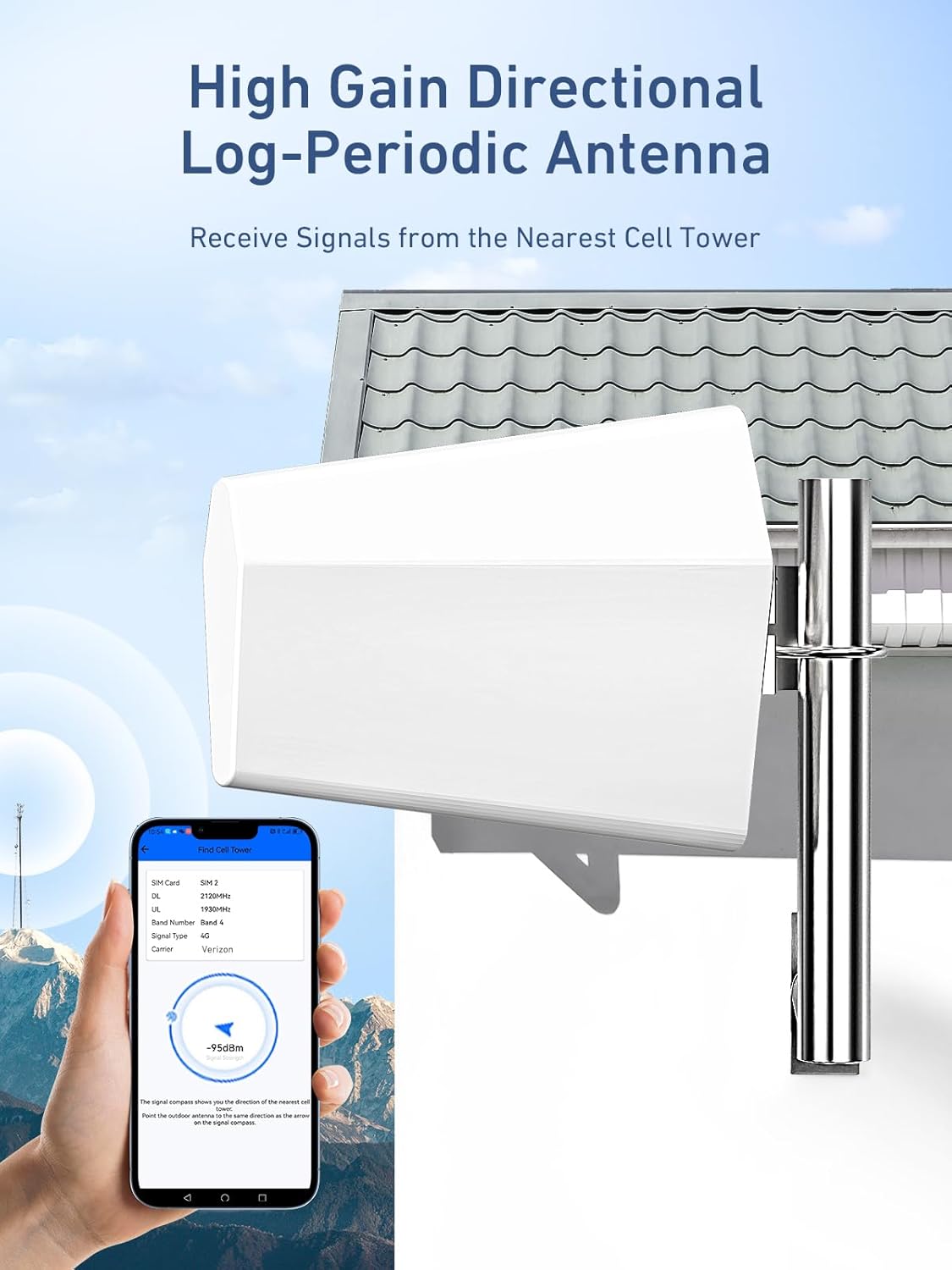 INVCALL outdoor antenna mounted on house, designed to capture signal from the nearest cell tower.