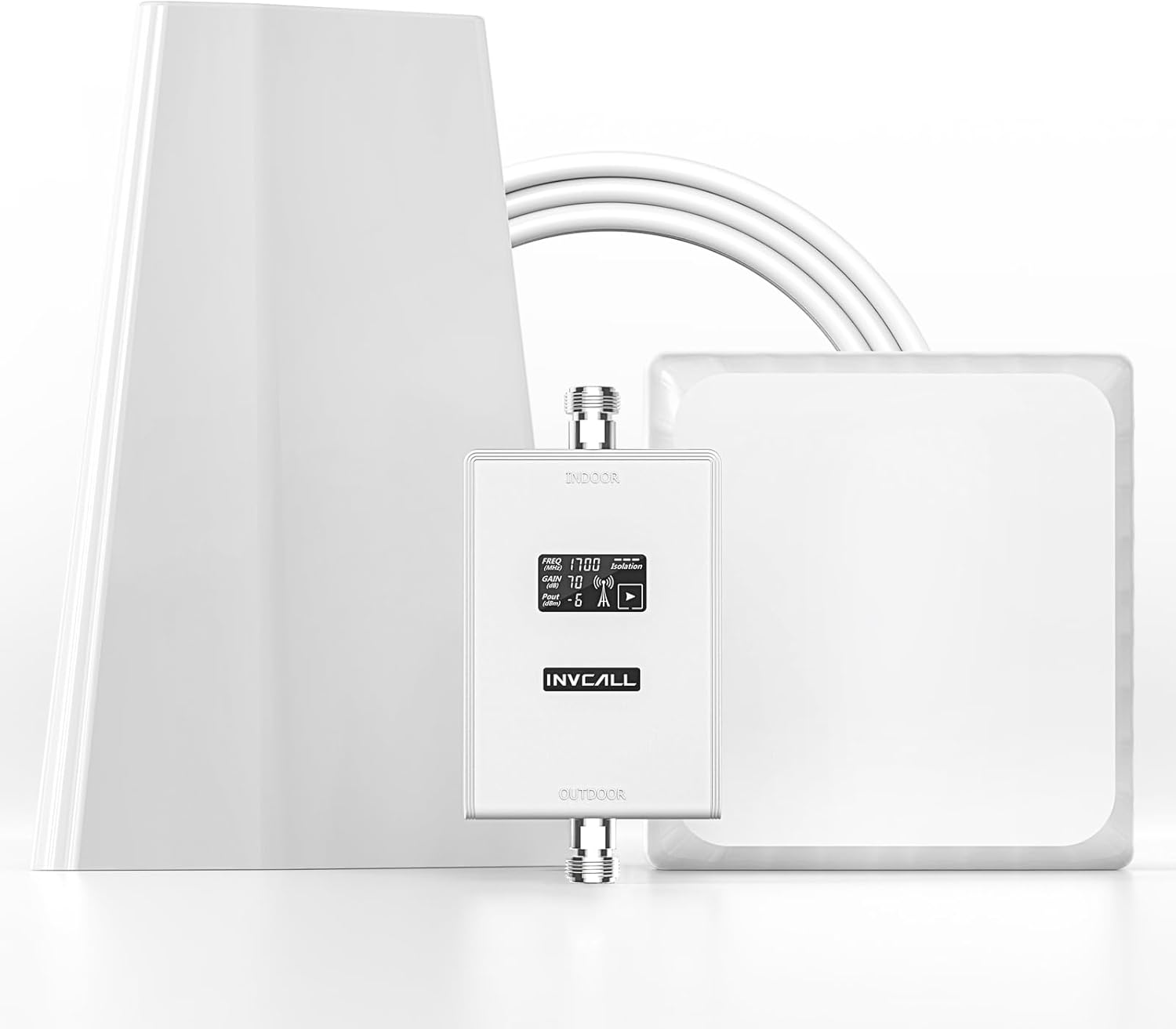 INVCALL cell signal booster kit with outdoor and indoor antennas for improved home coverage.