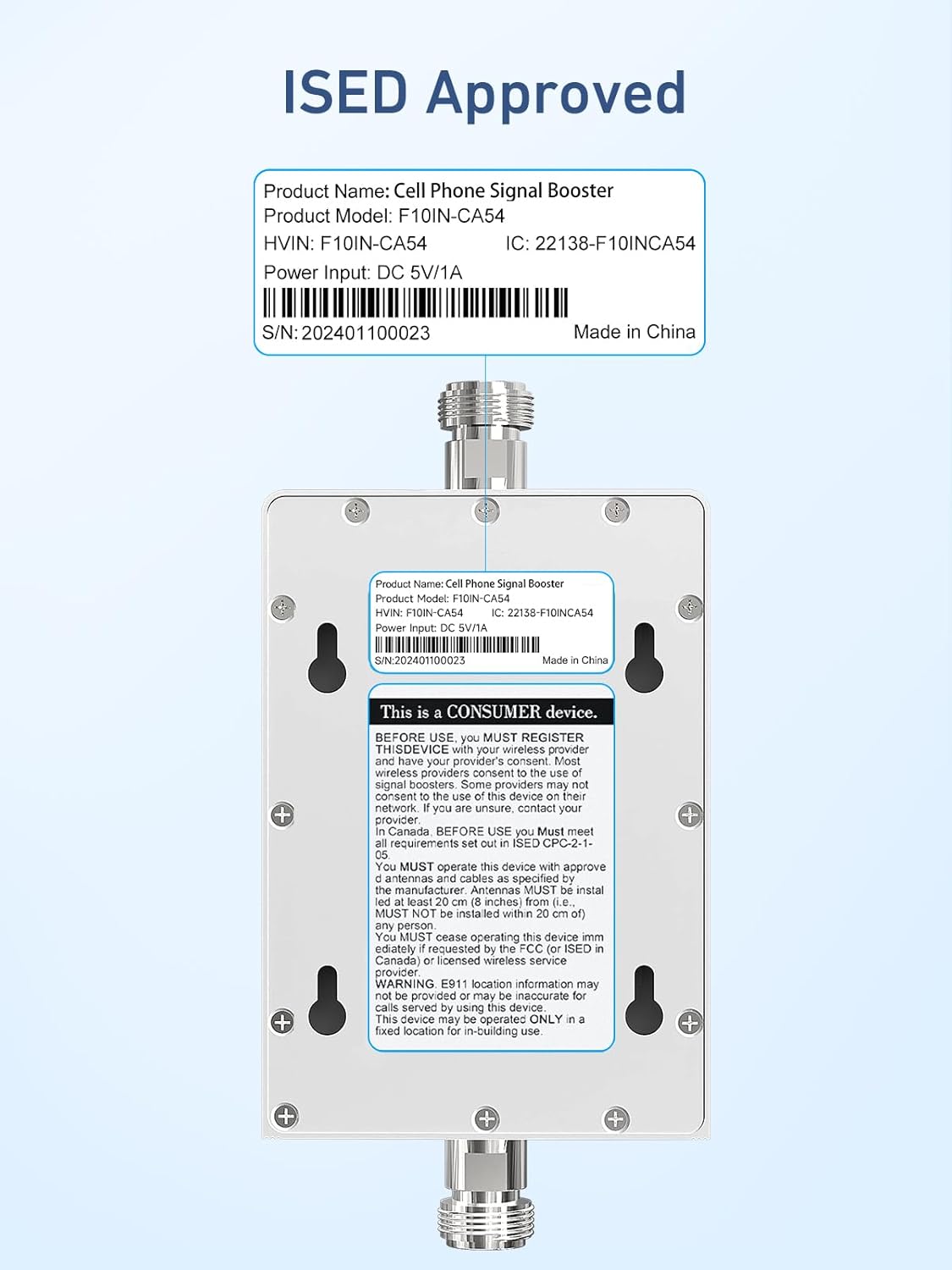 Back of INVCALL signal booster with ISED certification, approved for use in Canada.