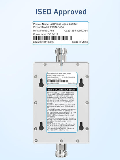 Back of INVCALL signal booster with ISED certification, approved for use in Canada.