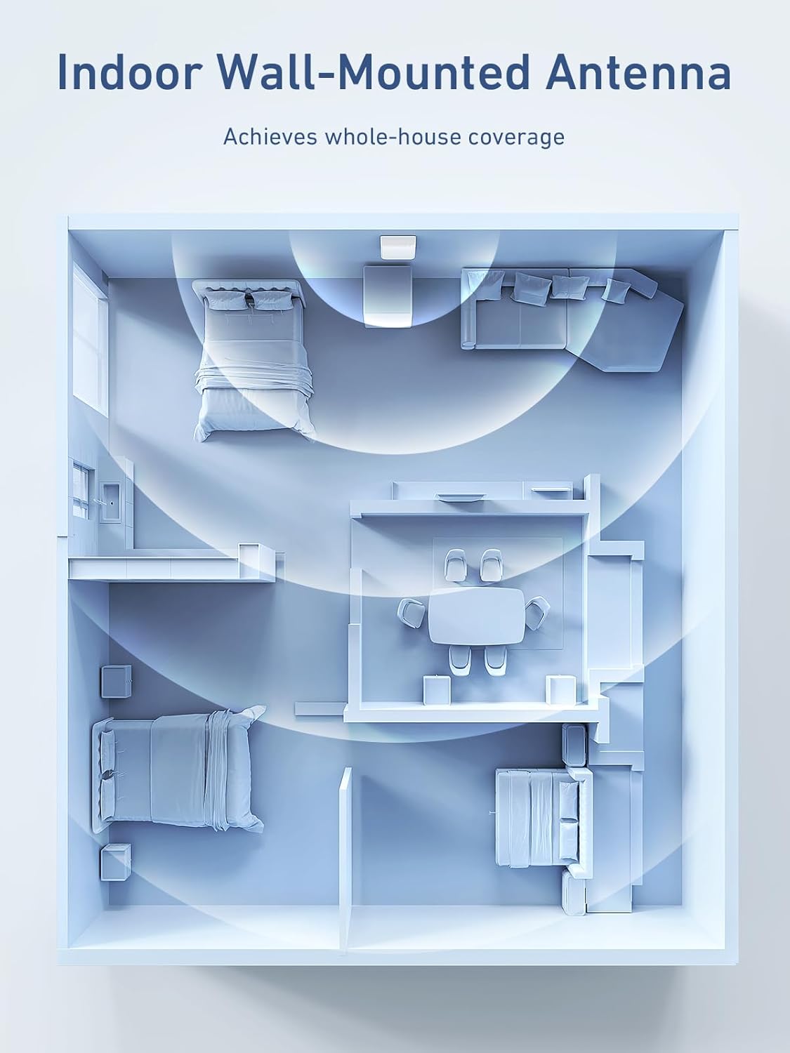 Diagram showing INVCALL indoor wall-mounted antenna providing whole-house cell signal coverage.