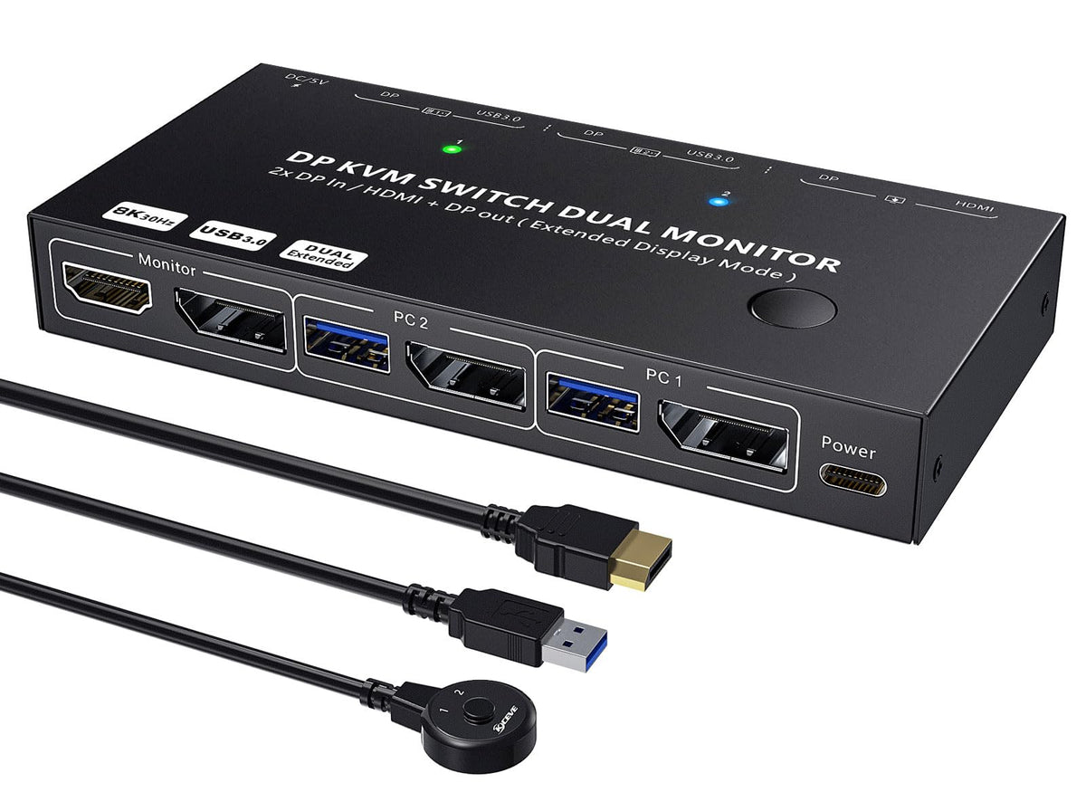 KCEVE dual monitor KVM switch with DisplayPort HDMI USB 3.0 and wired remote