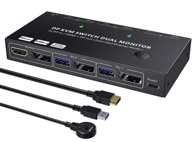 KCEVE Dual Monitor KVM Switch for 2 Computers, DisplayPort + HDMI, 4K 60Hz, USB 3.0 & Wired Remote