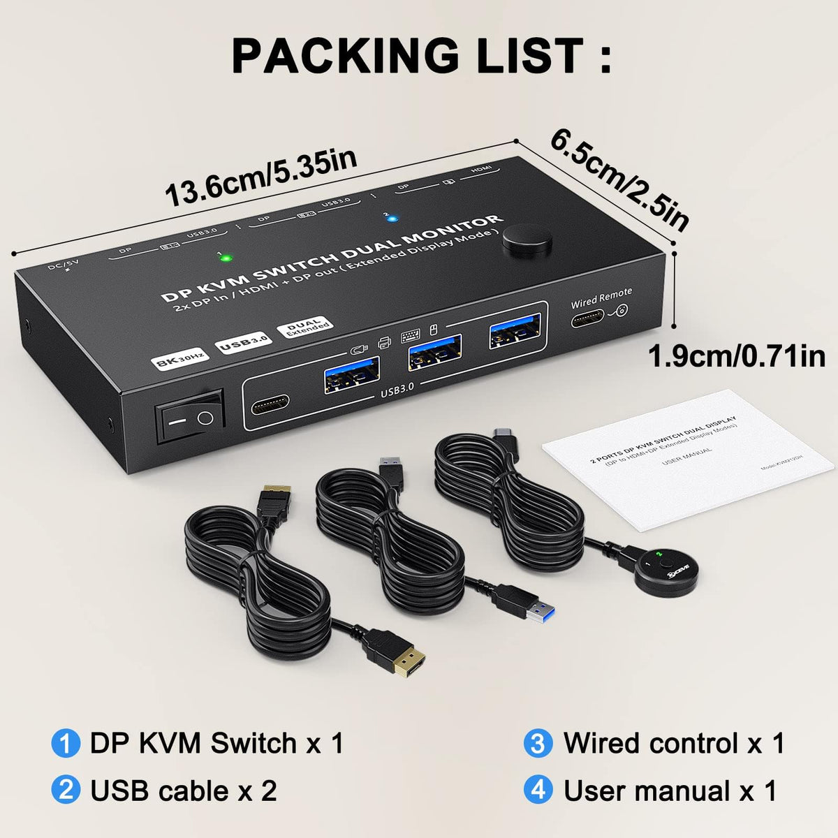 KCEVE dual monitor KVM switch package with USB cables wired remote and manual