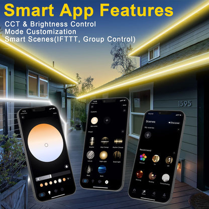 Smart app control for LED strip light, featuring color temperature adjustment, mode customization, and smart scenes for group control.