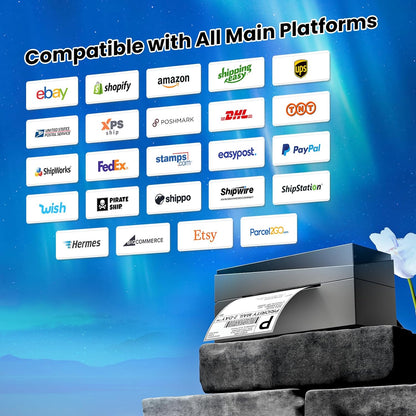 Compatibility chart showing Bluetooth label printer works with Amazon, Etsy, Shopify, USPS, UPS, and other major platforms.