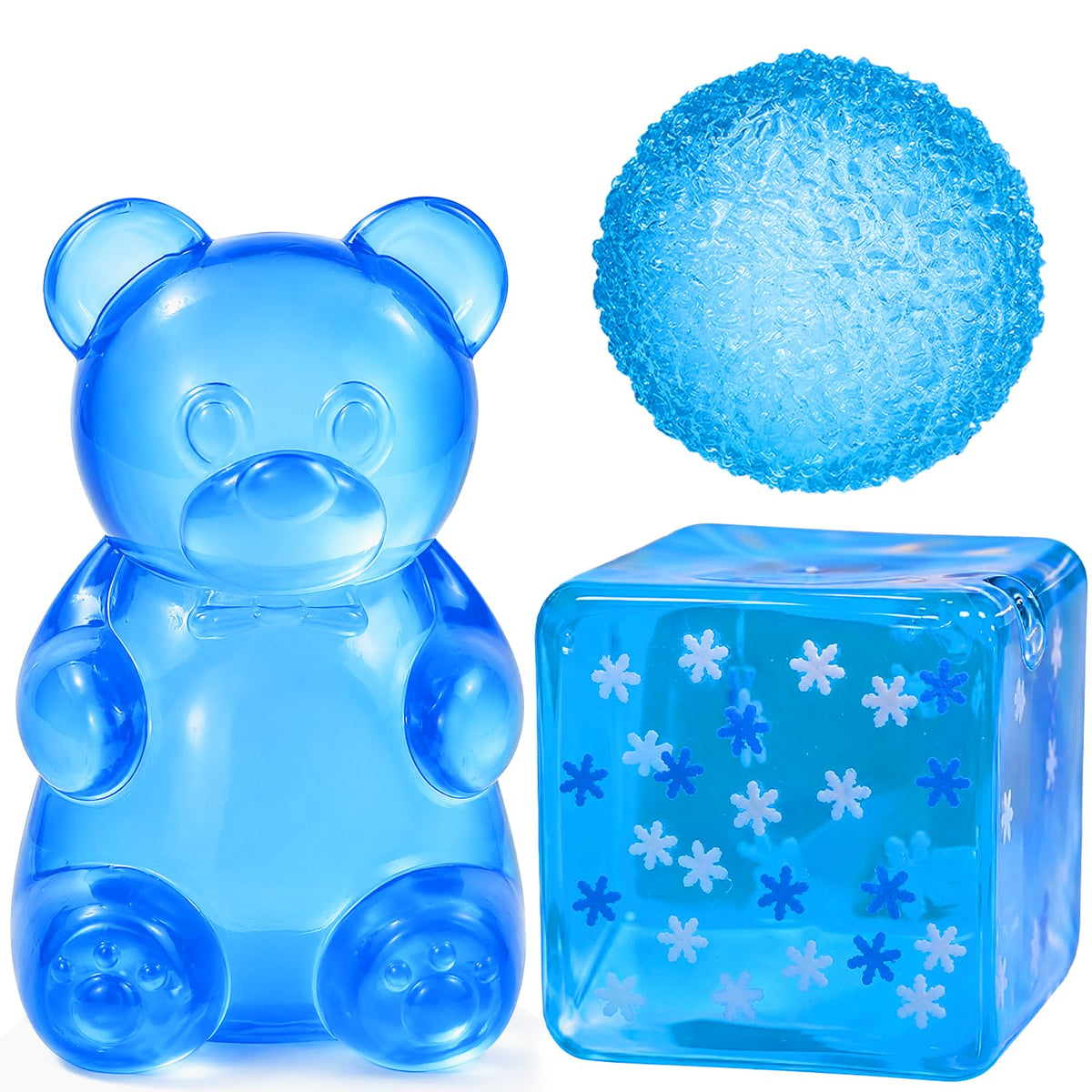 3-piece blue sensory fidget toy set with squishy bear, stress ball and cube