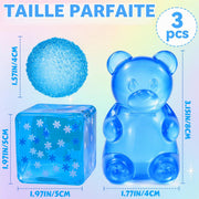 Size guide for blue sensory bear, textured stress ball and stress cube set