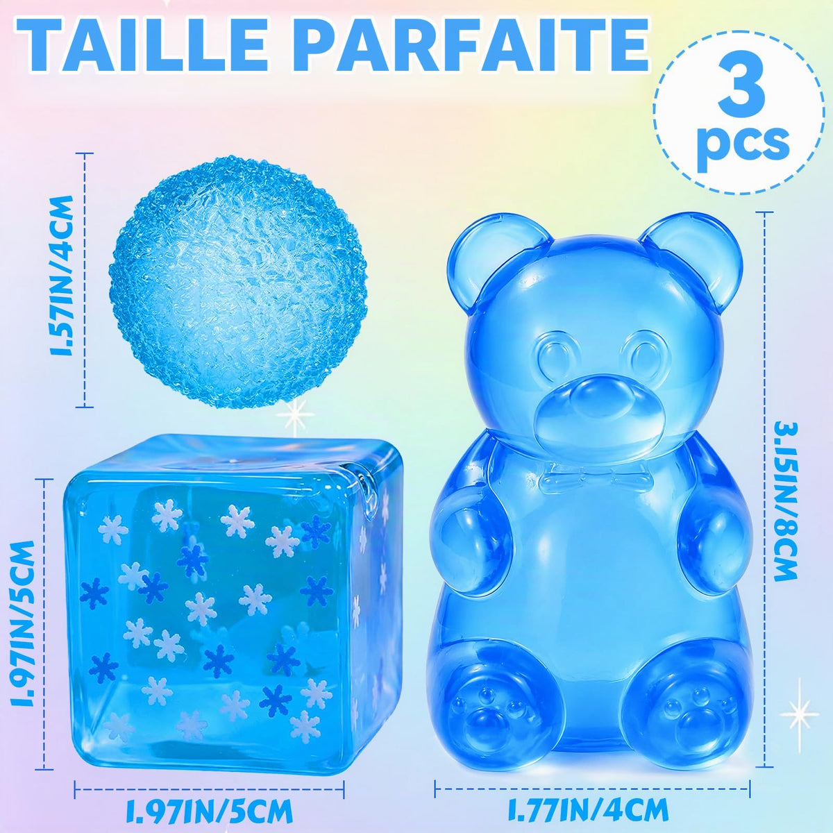 Size guide for blue sensory bear, textured stress ball and stress cube set