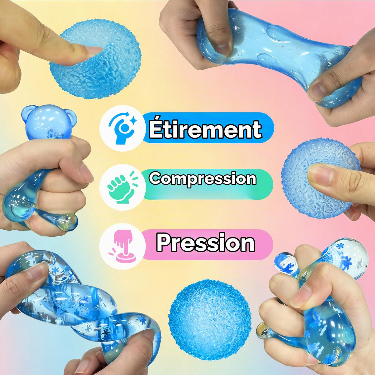 Flexible blue sensory toys being stretched, squeezed and pressed by hand