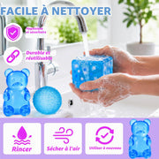 Blue sensory stress cube being rinsed with water for easy cleaning