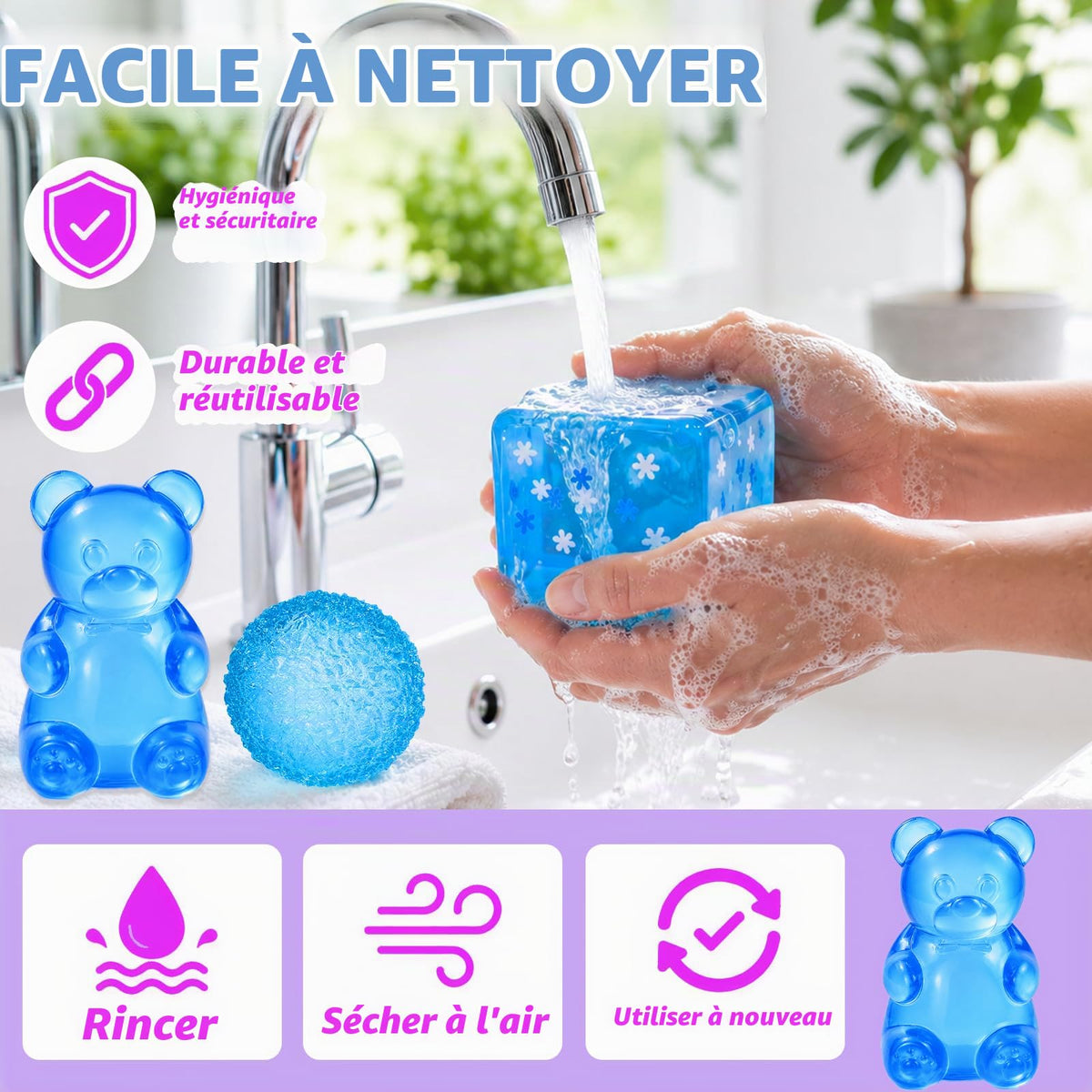 Blue sensory stress cube being rinsed with water for easy cleaning