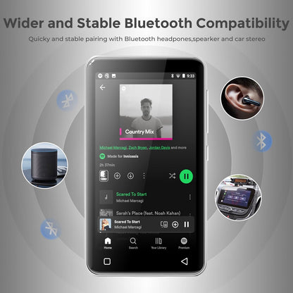 MP3 player paired with Bluetooth headphones, speakers, and car audio systems.