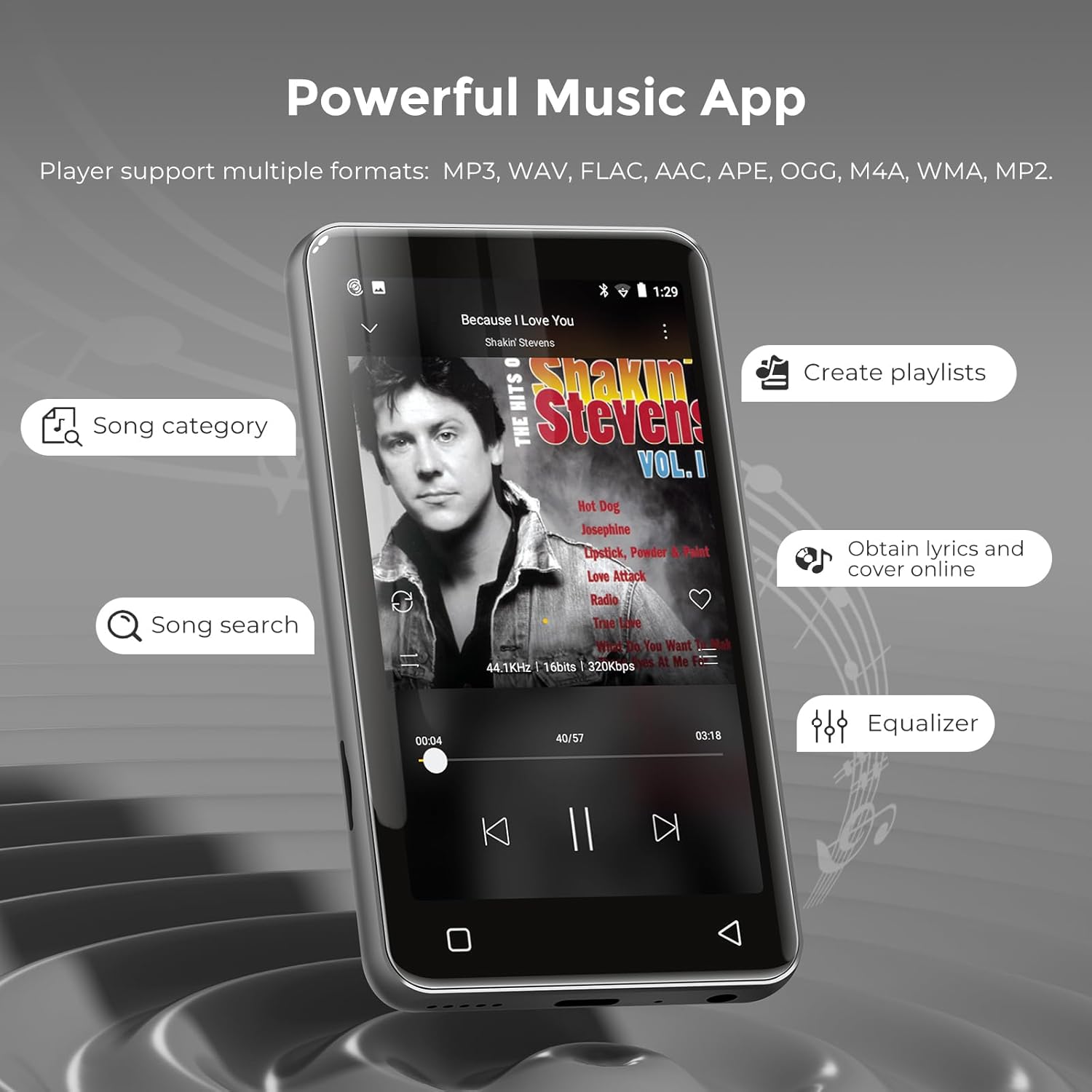 MP3 player showing song playback interface with format support for MP3, WAV, FLAC, and more.