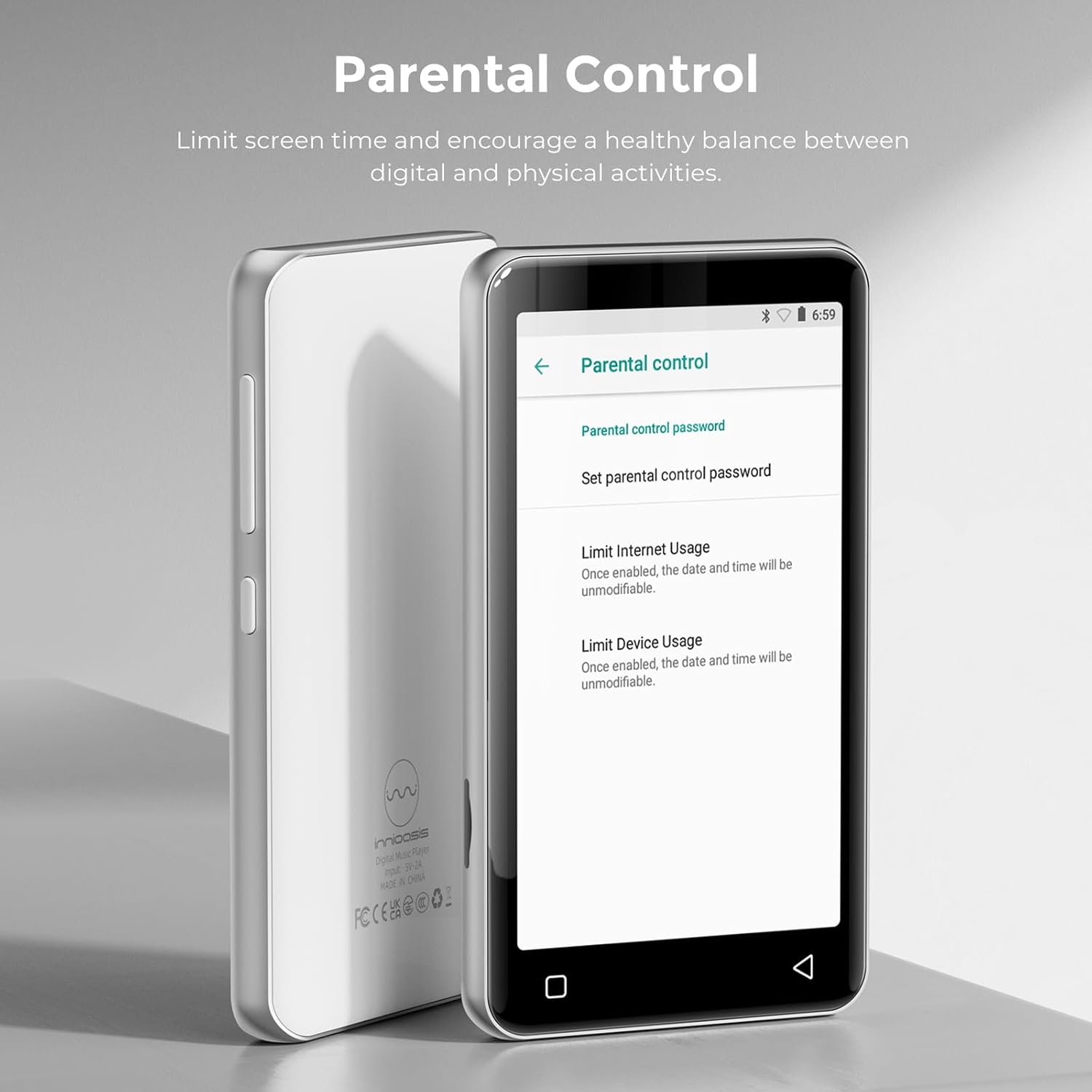 Parental control screen on MP3 player with options to limit internet and device usage.