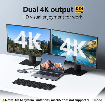 Dual 4K monitor setup connected to a laptop via the Melelink USB-C docking station for extended display.