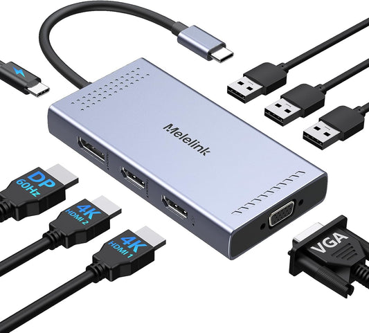 Melelink 8-in-1 USB-C docking station with cables for HDMI, DisplayPort, VGA, and USB shown separately.